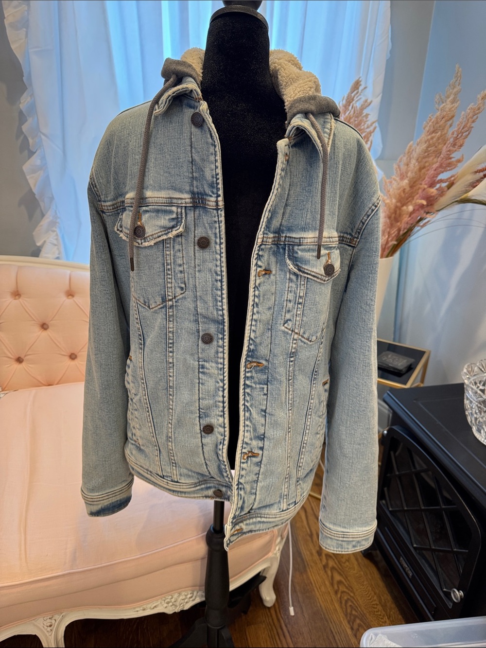 Hollister Light Wash Denim Sherpa Hood Jacket
